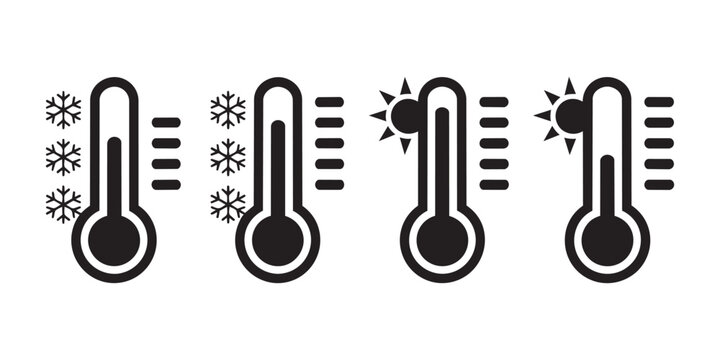 Hot and cold temperature climate thermometer icons, weather forecast, season change and temperature control symbols.