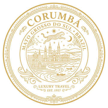 Corumba Brazil travel emblem featuring leaping jaguar and city skyline vector illustration