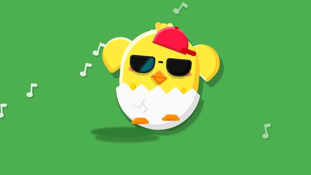 Cute Cartoon Chick Wearing Sunglasses and Cap Dancing with Music Notes on Green Background