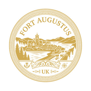 Fort Augustus UK vintage circular travel badge with canal locks and thistle vector illustration