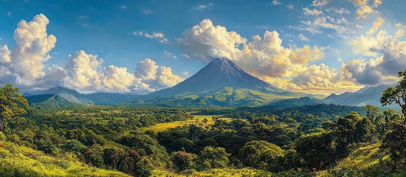 Majestic volcanic peak towering above a sunlit lush green valley with dense forest, rolling hills and dramatic golden clouds under a vast blue sky, evoking serene awe