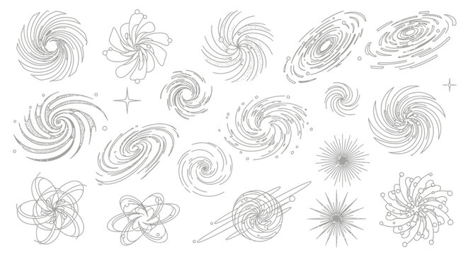 Abstract illustration of various spiral galaxies and celestial objects on white