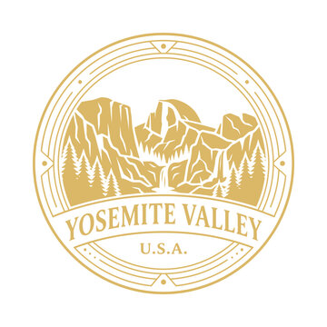 Gold Yosemite Valley National Park circular emblem with mountain landscape vector illustration