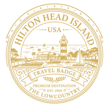 Hilton Head Island South Carolina travel badge featuring lighthouse and yachts vector illustration