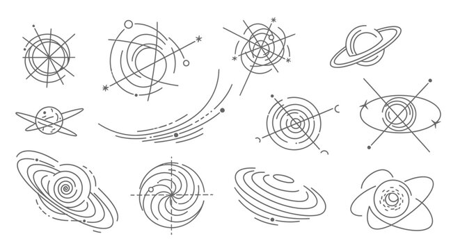 Abstract space illustrations set in modern linear style for design elements