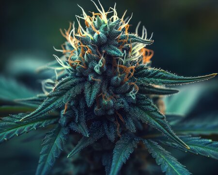 Close-up frosty cannabis bud covered in glistening trichomes and orange pistils with deep green leaves in moody, serene lighting