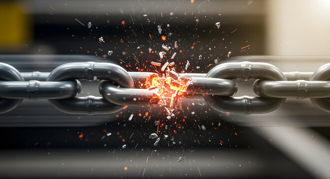 Breaking chain, sparks flying, industrial background, metal links, destruction concept