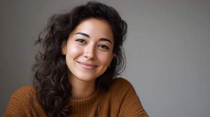 Obraz premium Smiling young woman in a cozy sweater against a neutral background radiating confidence and positive energy in a professional portrait