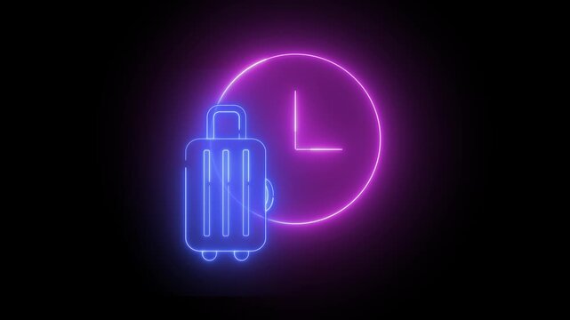Animated neon light effect icon of a suitcase next to a clock. Ideal for travel, outings, or planners.