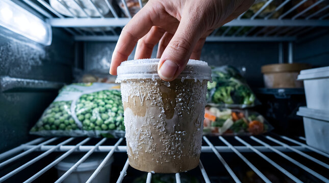 A hand reaching for a frost covered cardboard container inside a home freezer filled with frozen peas and mixed vegetables