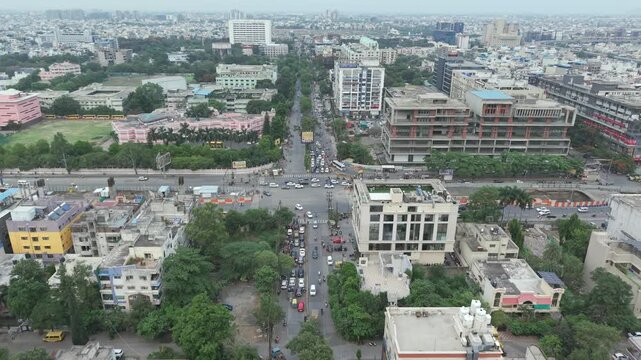 Aerial view of busy traffic intersection and cityscape in Indore Madhya Pradesh India