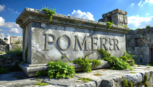 Ancient Roman Marble Inscription of POMER, Weathered and Overgrown with Nature