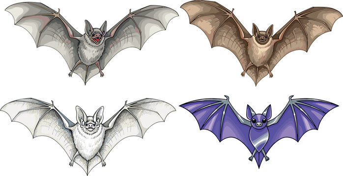 Various Cartoon Bat Illustrations in Different Colors and Poses, Flying Mammals Vector Set