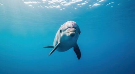 Obraz premium Dolphin swimming underwater in clear blue ocean water with sunlight.