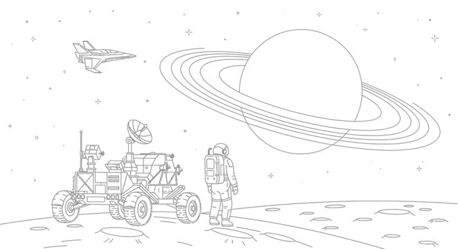Astronaut and rover exploring a planetary surface with spaceship and ringed planet