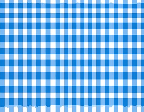 A seamless blue and white gingham checkered tablecloth pattern with a vintage cotton fabric texture provides a classic geometric textile backdrop for a kitchen picnic table