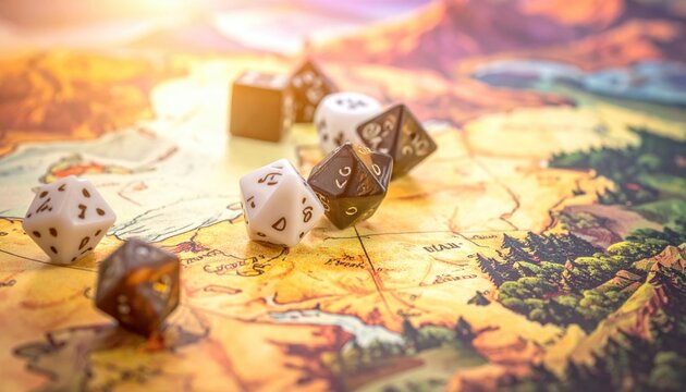 Assorted Polyhedral Dice Scattered Across an Adventure Game Map Representing Tabletop Roleplaying Games and Strategy