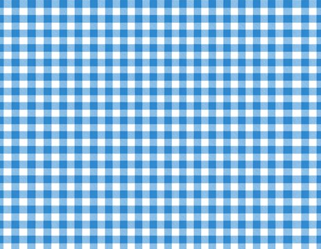 A seamless blue and white gingham checkered tablecloth pattern with a vintage cotton fabric texture provides a classic geometric textile backdrop for a kitchen picnic table