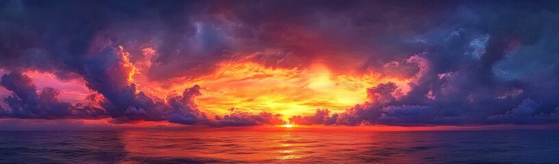 Obraz premium Fiery sunset over a calm ocean with dramatic purple and orange clouds, glowing sun on the horizon and reflective water, evoking serene awe and majesty