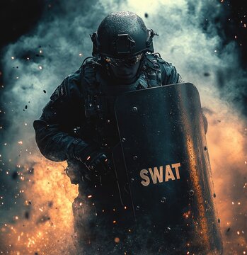 Armored tactical officer in helmet and body armor holding a riot shield amid smoke and flying sparks, tense and determined mood