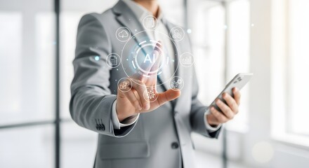 Obraz premium A businessman interacts with a glowing holographic interface representing artificial intelligence and digital technology high quality professional detailed modern elegant stylish clean