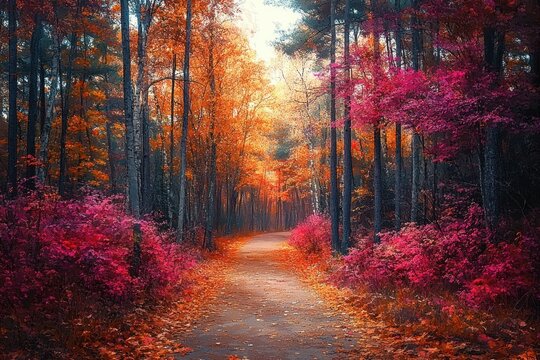 sunlit forest path with orange and pink autumn foliage, tall slender trees and fallen leaves on a tranquil, enchanting trail