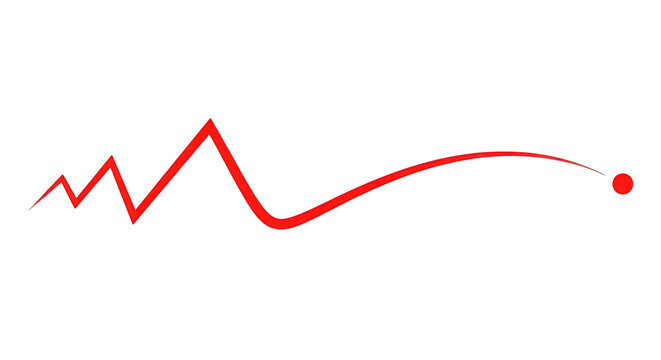 Red stylized line graph with a peak and ending point isolated on transparent background