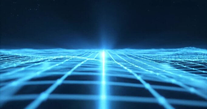 Futuristic digital landscape with glowing grid patterns and abstract waves in a cosmic setting