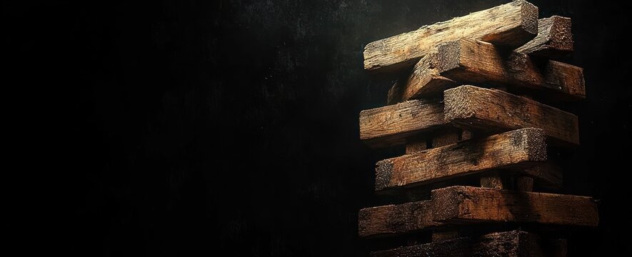 Weathered wooden block tower on the right, dramatic low light casting deep shadows, tense precarious stacked timber evoking suspense