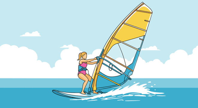 Adventurous woman enjoys water sports while windsurfing across the blue ocean waves with a large yellow sail under a clear sky.
