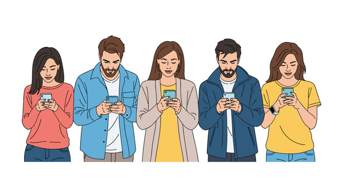 Group of diverse young people stand in a line while focusing intently on their mobile phones in a depiction of modern digital life.