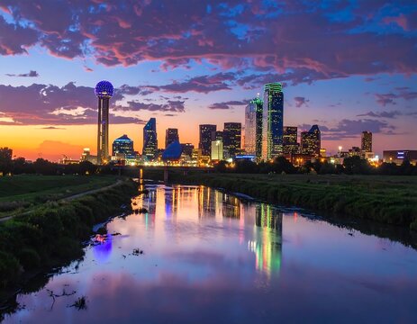 Magnificent Dallas skyline at twilight with a reflective river view offering a captivating scene