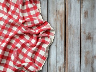 Obraz premium Crumpled red and white checkered cloth on weathered gray wooden planks, rustic cozy picnic and kitchen atmosphere