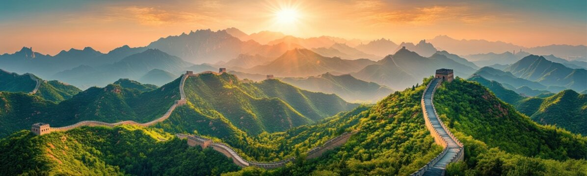 ancient stone wall and watchtowers winding over lush green mountains at sunrise with golden rays and misty layered peaks conveying awe and serene calm