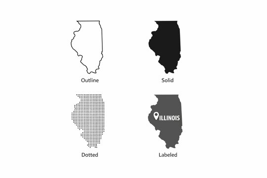 Illinois state map icon set. US state silhouette in outline, filled, dotted and labeled styles sign. State border and location symbol. American geography pictogram. Regional identity illustration.