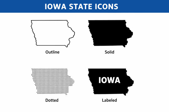 Iowa state map icon set. US state silhouette in outline, filled, dotted and labeled styles sign. State border and location symbol. American geography pictogram. Regional identity illustration.