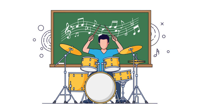 Talented drummer playing a full drum set with sticks in front of a green chalkboard filled with musical notes and symbols in a classroom setup.