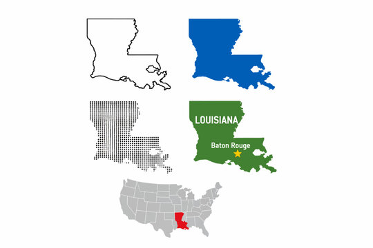 Louisiana state map icon set. US state outline, filled, dotted and labeled versions sign. Southern region shape and geographical border symbol. Baton Rouge capital pictogram. USA map illustration