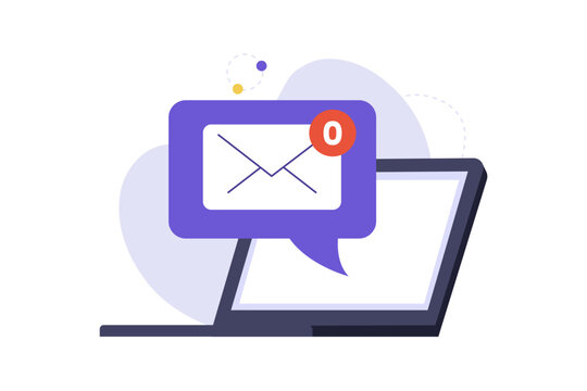 Illustration of Inbox Zero Concept with Empty Laptop Screen. A laptop screen displaying a large speech bubble with a zero icon, representing a clean and organized email inbox with no pending messages