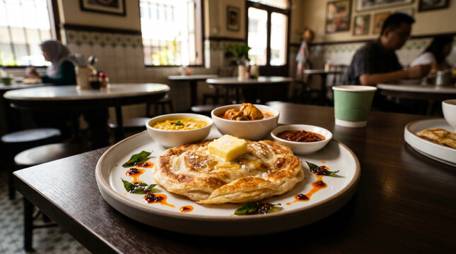 Roti canai topped with butter and served with curry and sambal in a casual restaurant interior, with diners in the background and a warm everyday dining atmosphere