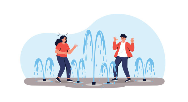Young man and woman react with surprise and excitement as they walk among several active water fountains in an urban plaza setting.