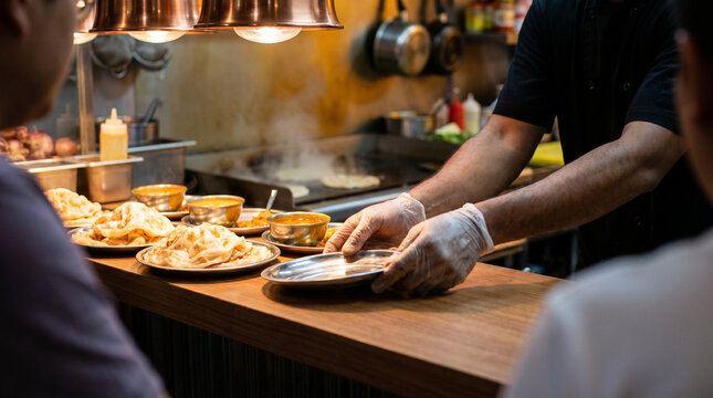 Gloved server handing plated food across a restaurant counter in a busy commercial kitchen, with hanging copper lamps, cooking utensils, and visible food service workflow