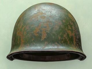 Naklejka premium worn green military helmet with rust patches and leather liner against pale textured wall, evoking nostalgia and solitude