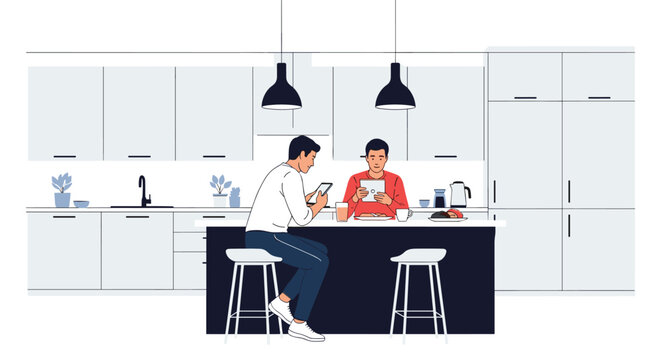 Two young men sit at a kitchen island and use their digital tablets while eating breakfast in a modern minimalist apartment.