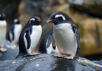 Obraz premium Curious gentoo penguins standing on a wet rocky ledge, calm group interaction and close-up portrait