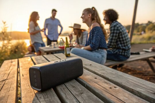 Sunset bathes a rustic picnic table