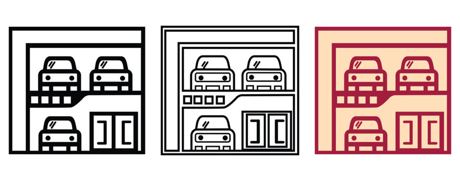 Multi-Storey Car Parking Garage and Modern Dealership Building Vector Icon Set