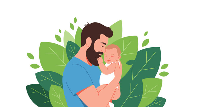 Bearded father holding his sleeping baby close with a background of lush green leaves representing nature and family love.