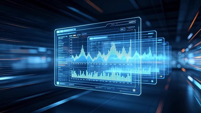 Futuristic holographic data interface with charts inside high speed tunnel