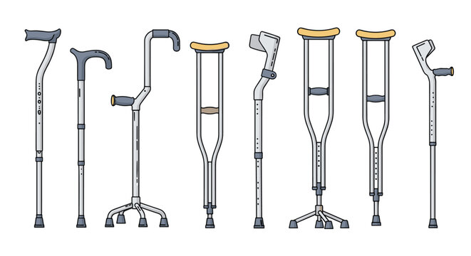 Collection of various medical mobility aids including wooden crutches, metal canes, and walkers for people recovering from injury.